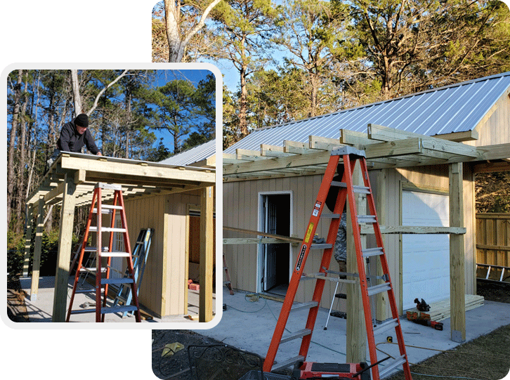 A ladder is in front of a house and the roof is being built.