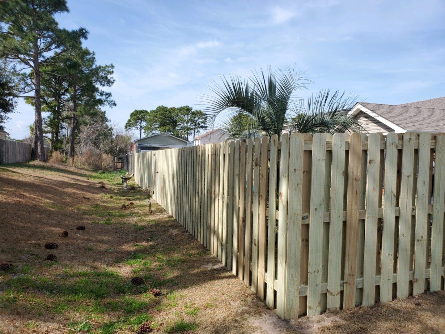 A wooden fence is shown with grass growing on it.